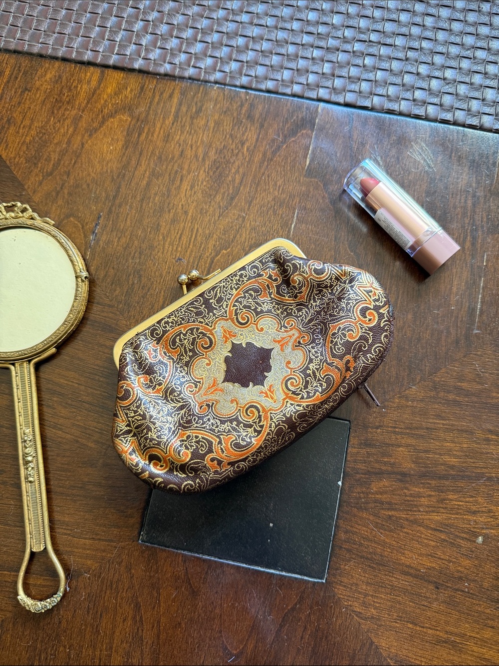 Vintage I
Paisley Kiss-Lock Clutch in Brown and Orange ITALIAN LEATHER